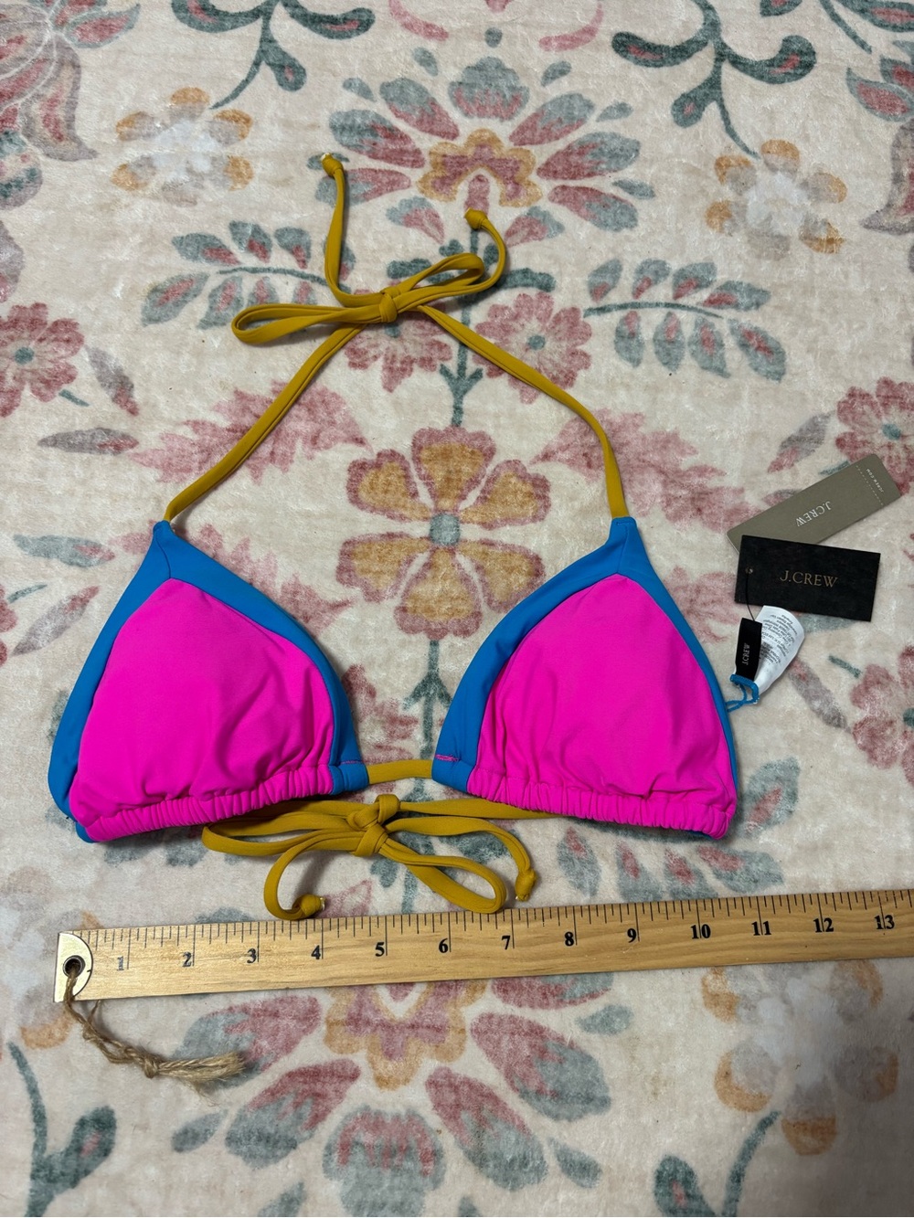 J. Crew Pink and Blue Colorblock Triangle Bikini Top with Mustard Ties